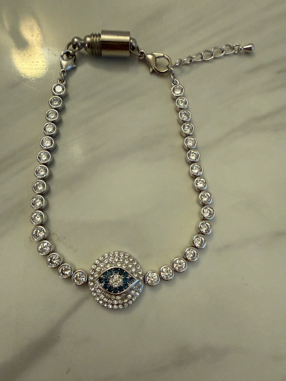 Joan Boyce Silver-Tone Crystal Bracelet with Evil Eye Pendant